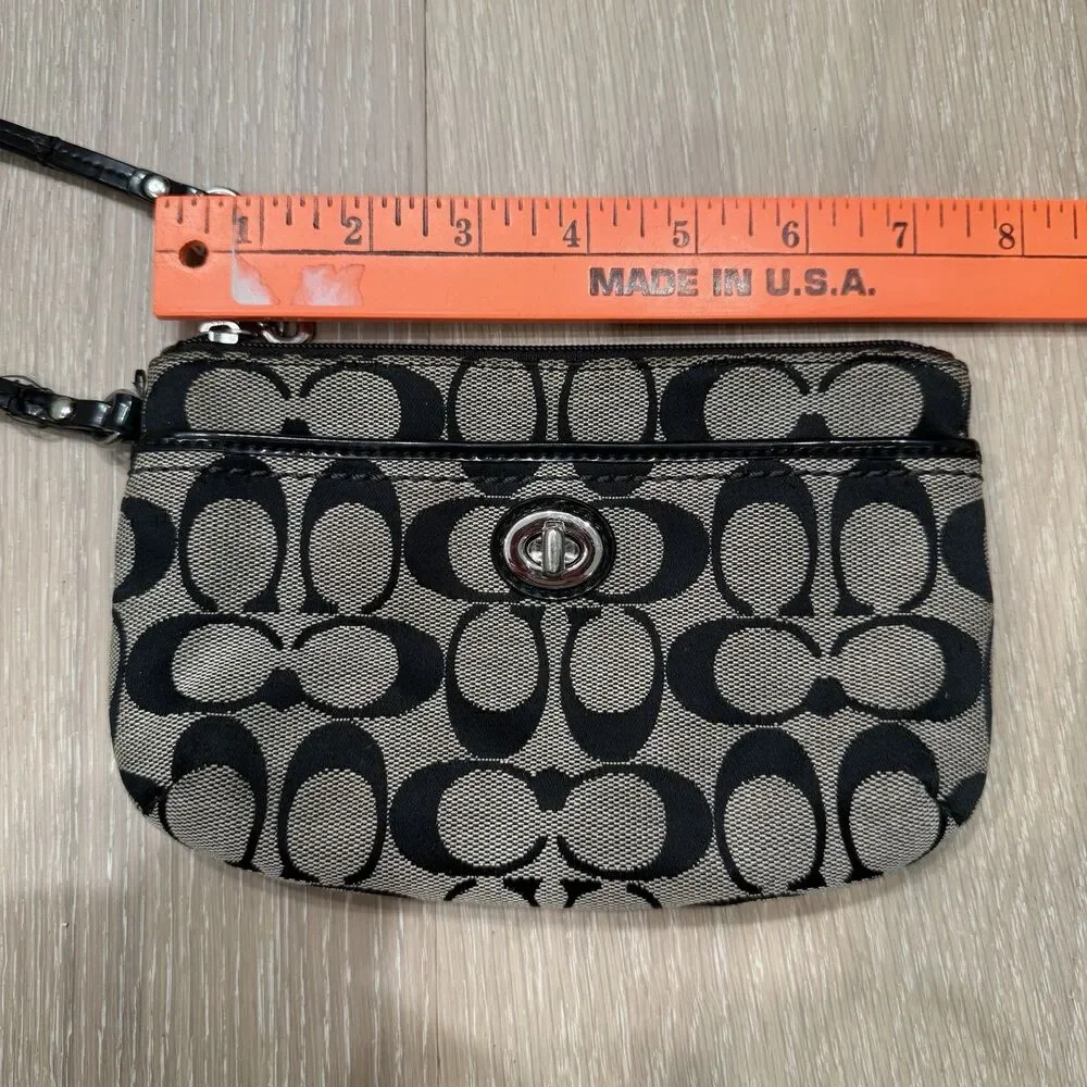 Coach Signature Wristlet Black Gray Jacquard Canvas Zip Turn Lock Bag Pouch